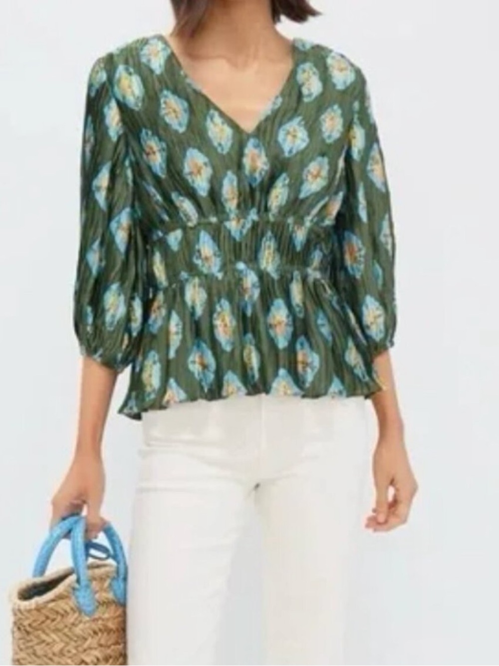 Tuckernuck Green Floral V-Neck Peplum Blouse